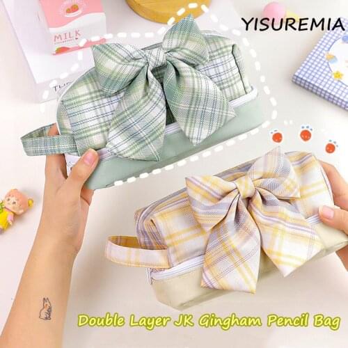 Yisuremia New JK Gingham Pencil Bag Pen Case With Bowknot 2 Layer High Capacity Pencils Pouch Kawaii School Stationery Girl Gift
