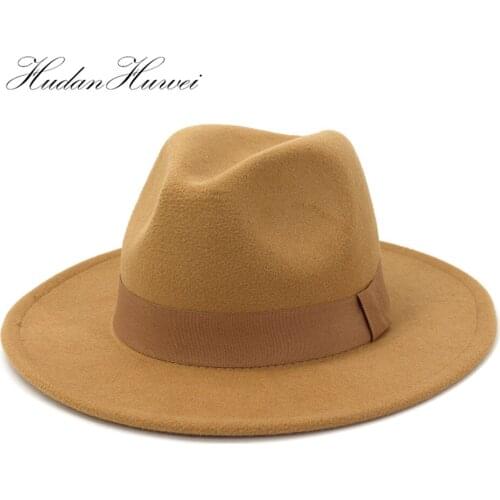 Fall Winter Women Men New Fashion Wide Brim Wollen Fedora Hat Elegant Church Cowboy Pink Yellow Green Black White Hat Caps