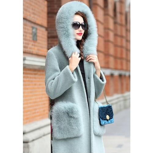 2020 Sheep Shearling Real Fur Coat Female 100% Wool Coat Winter Jacket Women Fox Fur Collar Korean Long Jackets MY4365