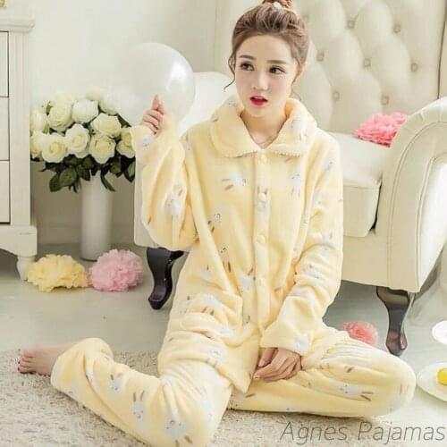 Sleepwear Flannel Pjamas Womens Warm Pajamas Night Wear Women Set Pijama for Winter Lapel Cardigan Long Sleeve Cartoon