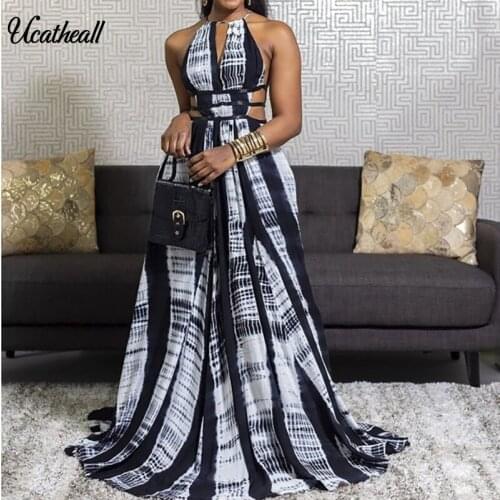 Summer Tie Dye Print Maxi Long Dresses For Women Hater Sleeveless Sexy Backless Cut Out Waist Dress Loose Vestidos Femme