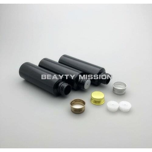 BEAUTY MISSION 48 pcs/lot 100ml Plastic Travel Empty Black Perfume Bottle Liquid Container Aluminum Cap Silver/Gold/Bronze