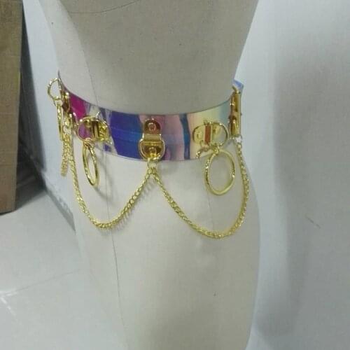 Gold Handmade Men Women Unisex Holographic Waist Belt Punk Gothic Hologram Rainbow Bondage Circle with Chain Link Straps Link