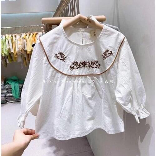 Girls' Round Neck Shirt 2021 autumn childrens long sleeve shirt Korean childrens girls' solid color embroidered shirt