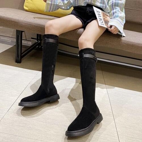 Punk leather belt knee high boots women round toe suede leather slim long botas shoes woman platform stovepipe riding booties