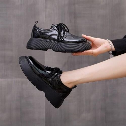 YSHUNIJ Shoes 2021 New Muffin Thick Bottom English Lace Up Small Leather Shoes Womens Uniform Thin Mary Jane Single Shoes