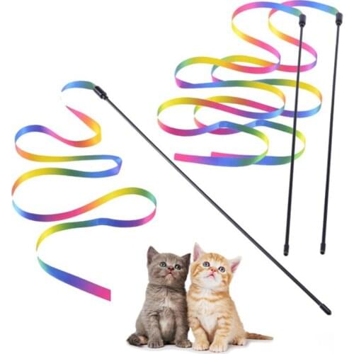Funny Cat Stick Rainbow Stripe Playing Teaser Pet Cat Supplies Throwing Toys Interactive Toys Cat Teasing Stick Cat Toys Amuse