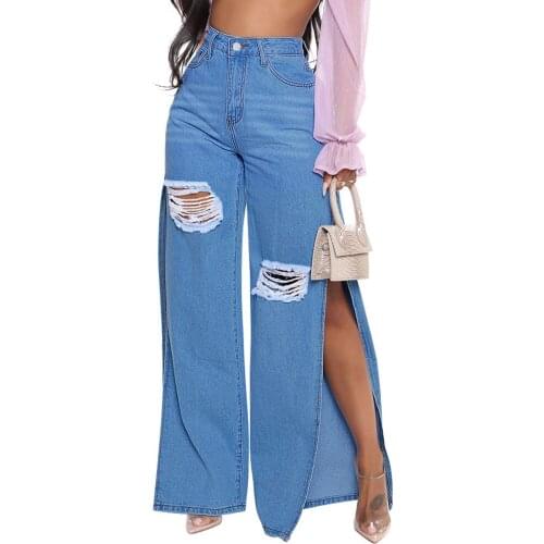 Vintage Jeans Woman Denim Long Pants Autumn Cowboy Female Loose Streetwear Women Hole Trousers High Side Split Wide Leg Jeans
