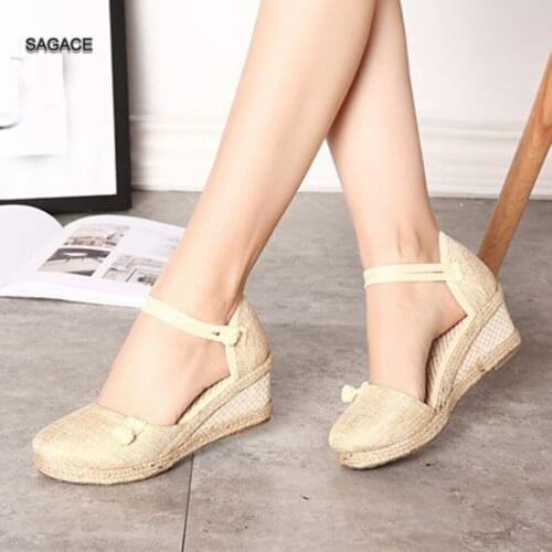 SAGACE Women Ladies Linen Canvas Wedge Round Toe Casual Singles Shoes Sandals Summer Shoes 2020 Beach Vintage Sandalias Mujer