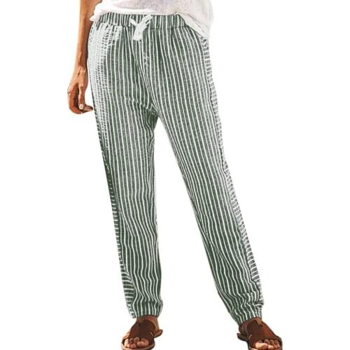 Womens Cotton and Linen Striped Casual Straight Pants Khaki Red Green Black Drawstring Pencil Pants