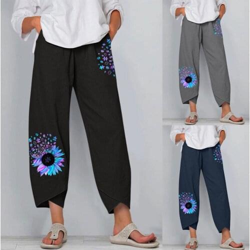 2021 European Casual Loose Cotton And Linen Printed Wide-leg Pants Women Vertical Sunflower print Pants Vintage Linen Pants