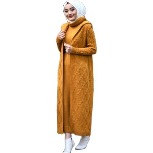 2 Pieces Hooded Women’s Set, Maxi Dress and Cardigan Double Suit For Winter Islamic Fashion Muslim Clothing Turkey Dubai 2021