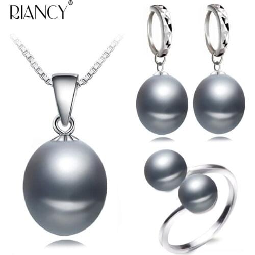 Fashion wedding black freshwater pearl jewelry set women natural pearl sets 925 silver necklace earring anniversary gift