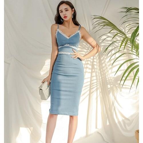 2020 New arrived Summer Sexy V Neck Dress Women Summer Sleeveless Wear to Work Office Lady Lace Pencil Dresses Woman Vestidoes