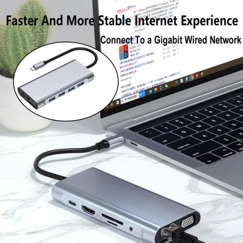 11 in 1 USB C Hub Multiport Adapter 4 USB 3.0 Ports Audio Port with PD 3.1 Charge for Pro Air HP USB C Laptops Mobile Phones
