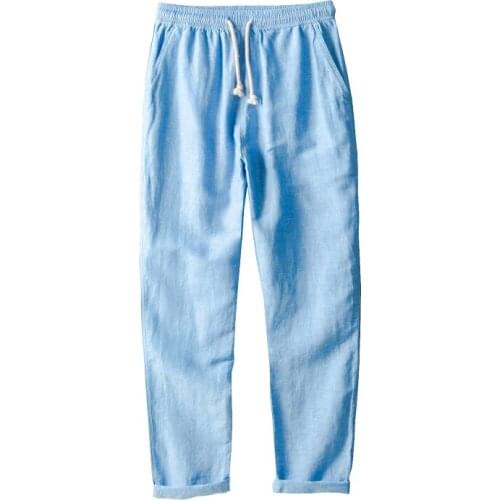 2020 Mens Summer Casual Cotton Linen Pants Solid White Blue Man Bottoms Elastic Waist Straight Trousers Male Clothing