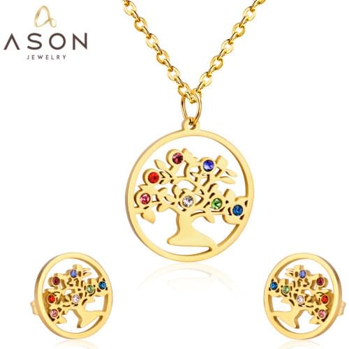 ASONSTEEL Christmas Jewelry Sets Tree of Life Stainless Steel Colorful Cubic Zirconia Pendant Necklace Earring Sets Best Friend