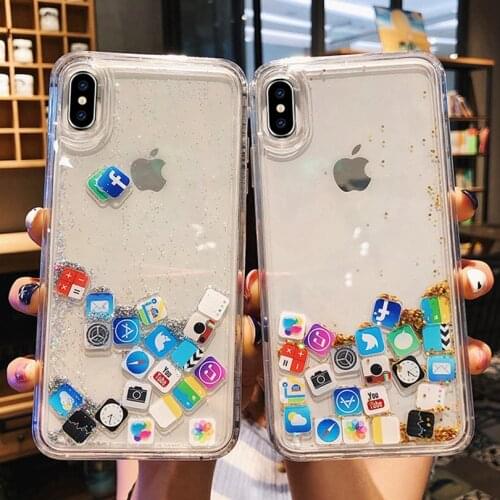 5G 5S 6S APP Cute Amusing Mobile apps Icon pattern phone Case cover For iphone 11 Pro max 7G X Glitter Liquid Quicksand Cases
