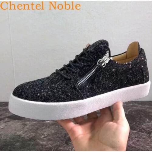 Chentel Comfortable Bling Black Sequined Classic Fashion Running Casual Dress Shoes Men Flats Lace-Up Zipper Party Sneakers