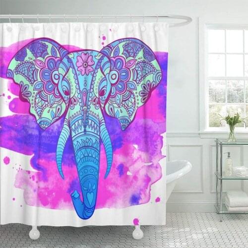 Colorful Painting Indian Elephant Henna Ornaments Watercolor Mammal Africa Shower Curtain Waterproof Polyester Fabric 72 x 78 in