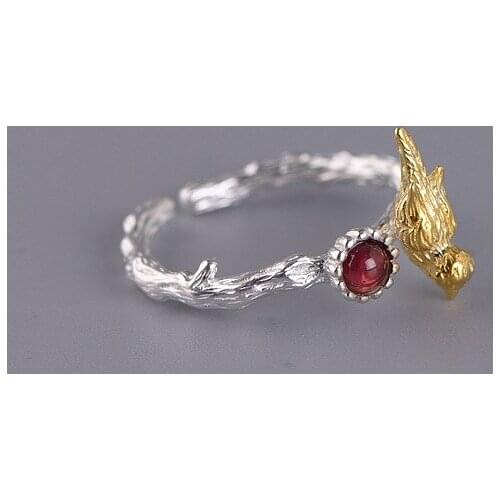 FNJ 925 Silver Garnet Ring Original S925 Sterling Silver Rings for Women Jewelry Open Adjustable Size Gold Color Bird