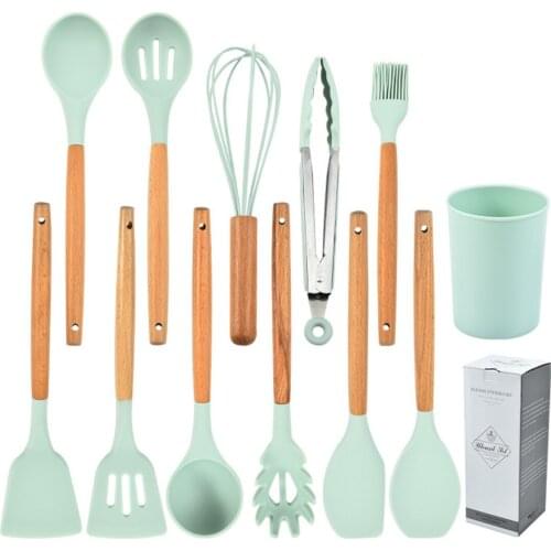 12PCS Silicone Cooking Utensils Set Non-Stick Spatula Shovel Wooden Handle Cooking Tools Set With Storage Box Kitchen Tool Set
