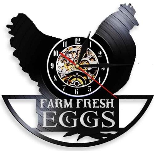 Funny Farm Fresh Eggs Chicken Hen Biddy Wall Clock Home Kitchen Farm Coop Sign Country Cottage Carved Album Music Record Clock