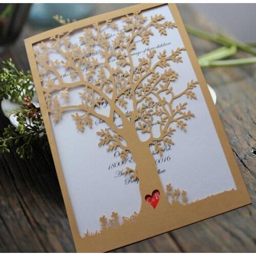 Fall Tree Wedding Invitation, Red Heart Wedding Invitation Cards - Set of 50