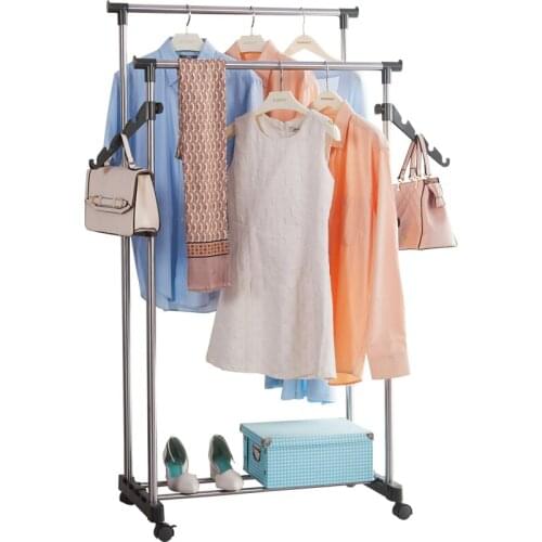 Home Furniture Wheels Movable Metal Double Pole Bedroom Balcony Garment Bag Clothes Hanging Rack with Shoes Board DQ0056D