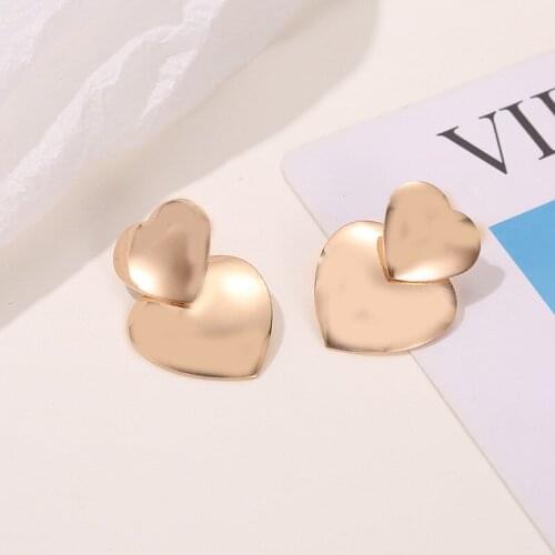Fashion Double heart Shaped Big Earring For Women Girls Classic Gold Silver Color Stud Ear Jewelry Birthday Gifts