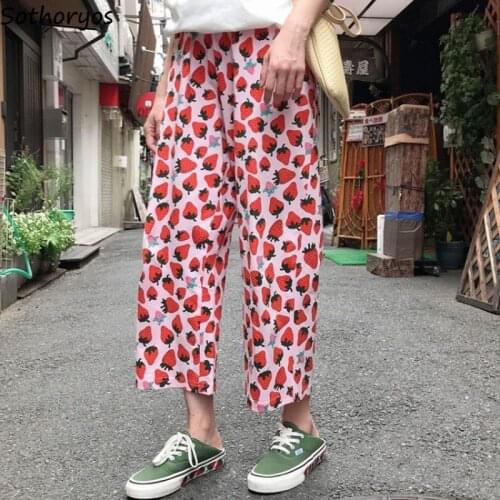 Strawberry Printed Sleep Bottoms Women Sweet Girls Ankle Length Pants Cozy Teenagers Lounge Fresh Females Nightwear Fashion New