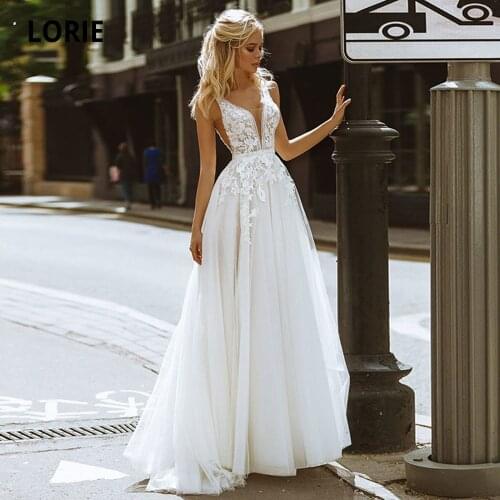 LORIE Dream Wedding Dresses for Brides Lace Appliqued Beach Princess Party Wedding Gowns 2020 V-neck Open Back Boho Elegant Gown