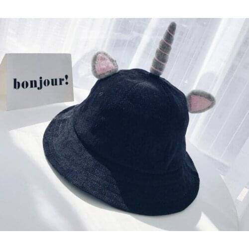 Unisex Summer Bucket Hat For Women Girls Sun Protection Corduroy Cartoon Animal casual Cute Candy Color Unicorn Ear Fisherman Ha