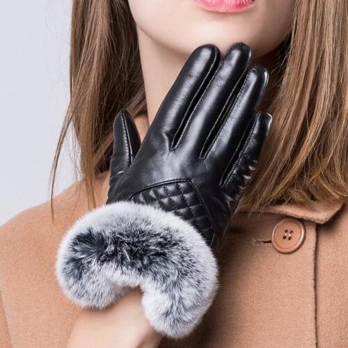 YY8412 Branded New 2020 Ladies Genuine Leather Rex Rabbit Fur Gloves Woman Winter Hand Warm Cycling/Driving Suede Black Luvas