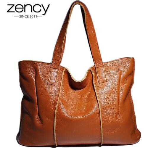 Zency 100% Genuine Leather Handbag Large Capacity Women Shoulder Bag Retro Tote Purse High Quality Hobos Brown Shopping Bags