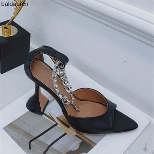 New Brand Womens Open Toe High-heeled Buckle Chain Genuine Leather Sandals Party Shoes Heels Women Shoes