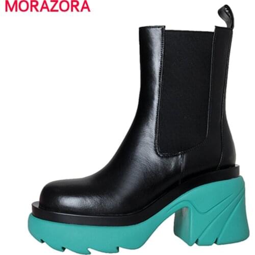 MORAZORA Plus Size 34-41 New Genuine Leather Boots Women Brand Square High Heels Ankle Boots Autumn Thick Bottom Street Chelsea