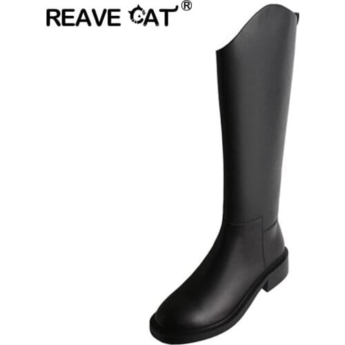 Reave Cat Women Real Leather Mortorcycle Ridding Knee High Chunky Boots Fur Warm Low Square Heel Zip Round Toe Footwear 40 S2423