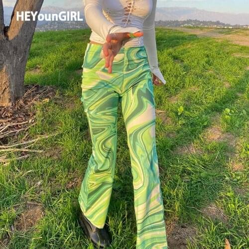HEYounGIRL Printed Vintage High Waisted Pants Women Casual Green Fashion Long Trousers Ladies Y2K Streetwear Sweatpants Woman