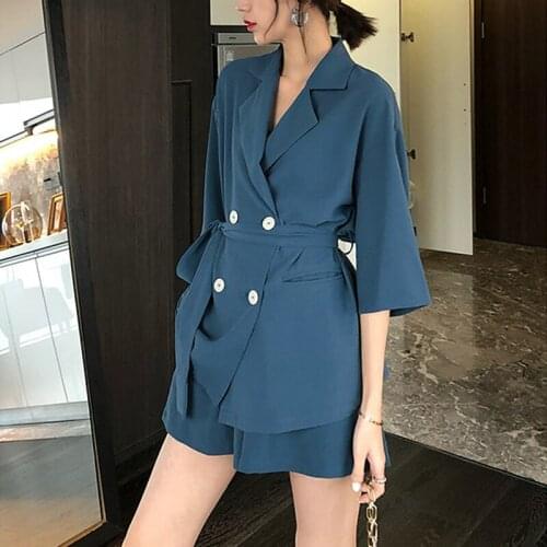 Wenfly Women Casual Summer Short Sleeve Bandage Thin Jacket Blazer Elastic Waist Pants Loose Female Shorts Two Pieces Sets
