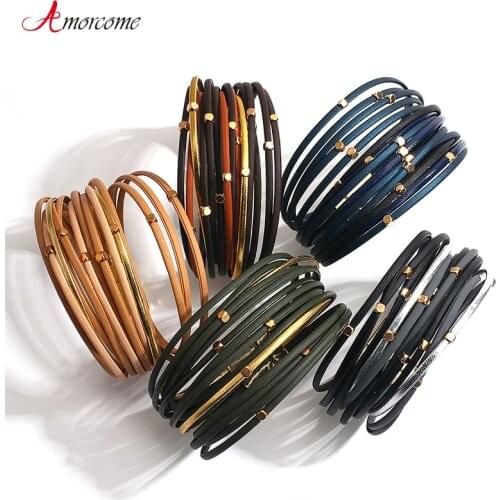 Amorcome Vintage Slim Strips Genuine Leather Bracelets For Women 2020 Fashion Gold Metal Beads Charm Wrap Bracelet Pulseras Gift