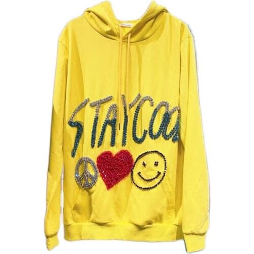 Flashing diamond letters love smiling face loose casual pullover oversized sweatshirt women