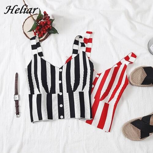 HELIAR Female Crop Knitting Camisole Striped Button Spaghetti Camisole Women Vest 2019 Summer Women Crop Tops Femme Tank Tops