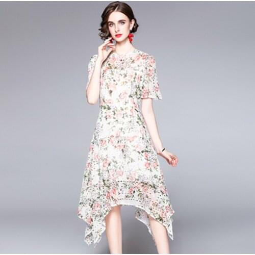 Ladies Fashion Hollow Out Embroidery Dress For Women Runway Summer Vintage Floral Print Short Sleeve Party Irregular Midi Dress