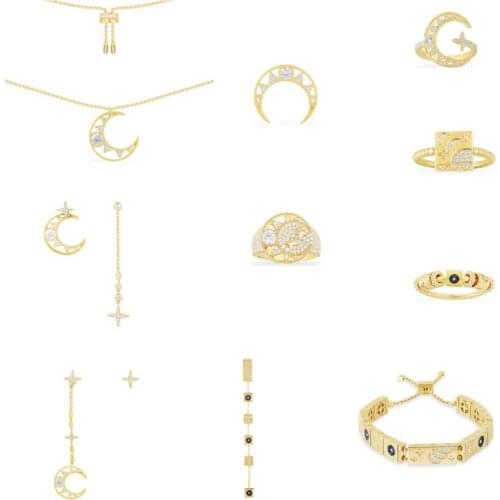 925 Sterling Silver Yellow Gold Color Stars Moon Pattern Finger Ring with Sliding Hoop Women Bracelet earring necklace package