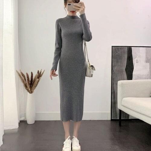 Women Sweater Dress Graceful Temperament 2020 New Arrival Winter Sexy Female Knit Dress Black Gray Korean style Hot Sale A79