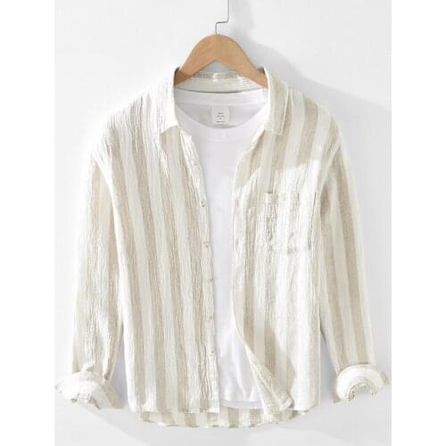 100% Linen new long-sleeved stripe trendy shirts men casual breathable shirt men chemise camisa tops mens clothes