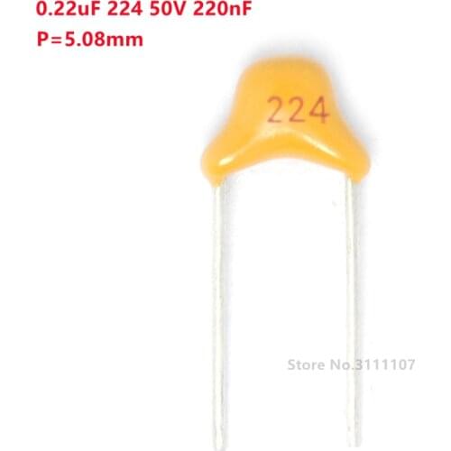 100pcs/lot Multilayer ceramic capacitor 0.22uF 224 50V 220nF 224M P=5.08mm