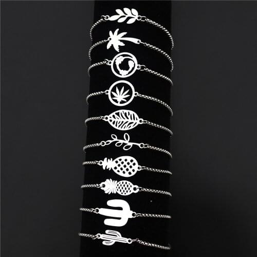 Maple Leaf Coconut Tree Cactus Pineapple Bracelet Stainless Steel Wristband Men Women Jewelry Adjustable Length 12 pcs/lot Mix
