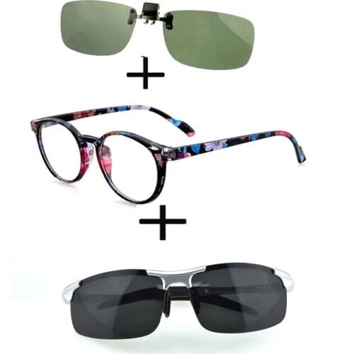 3Pcs!!! Retro Round Light Reading Glasses for Men Women + Polarized Sunglasses Alloy Sports Driving + Sunglasses Clip